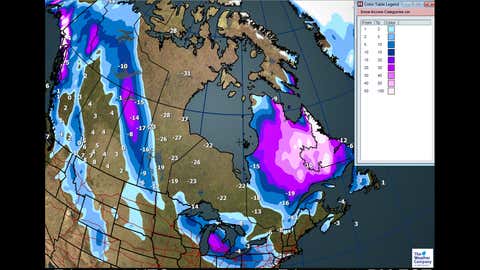 Canada Forecast: Total snowfall through Friday, December 16, 2017. (cm)