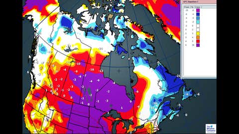 Maximum temperature anomalies for Monday, Dec. 18 (C)