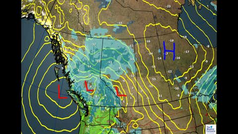 ​Weather map, western Canada, and max temps for Wednesday, Nov. 15, 2017. (The Weather Channel Canada)