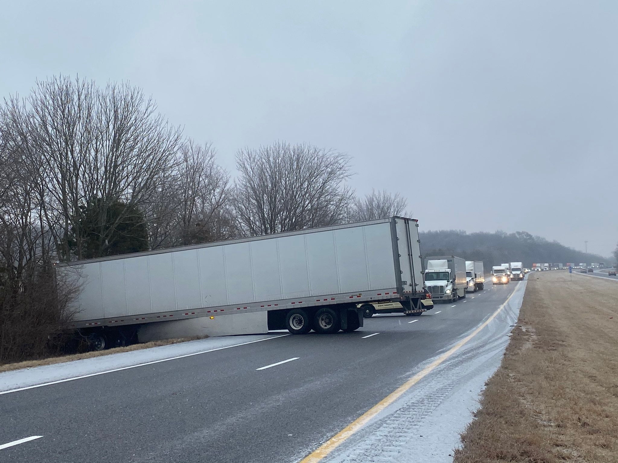 A tractor trailer crash is seen on I-40 westbound at the 243 mile marker, shutting down part of the interstate on Monday, Feb. 15, 2021. (Twitter/@THPNashville)