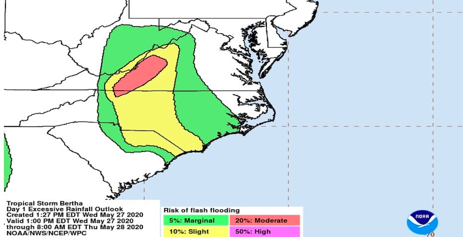 Excessive rainfall outlook for Bertha valid 19Z 5/27/20 - 12Z 5/28/20