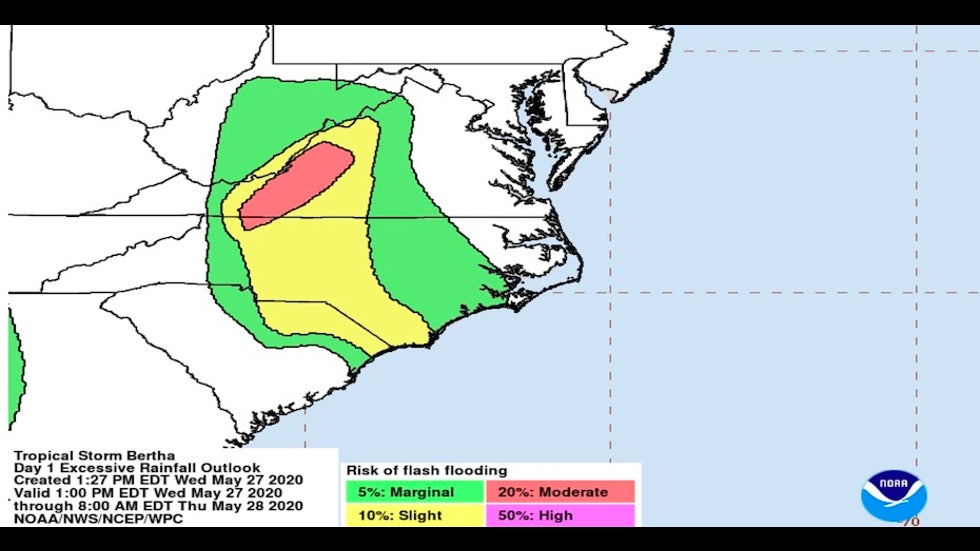 Excessive rainfall outlook for Bertha valid 19Z 5/27/20 - 12Z 5/28/20