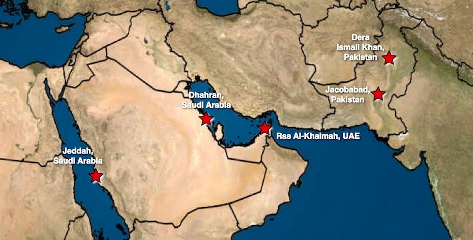 Locations and dates of reported wet-bulb temperatures at or above 35°C