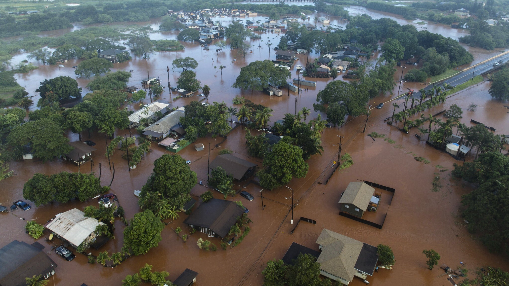 Floodwaters in Waialua, Hawaii, on Friday morning, March 20, 2026. 