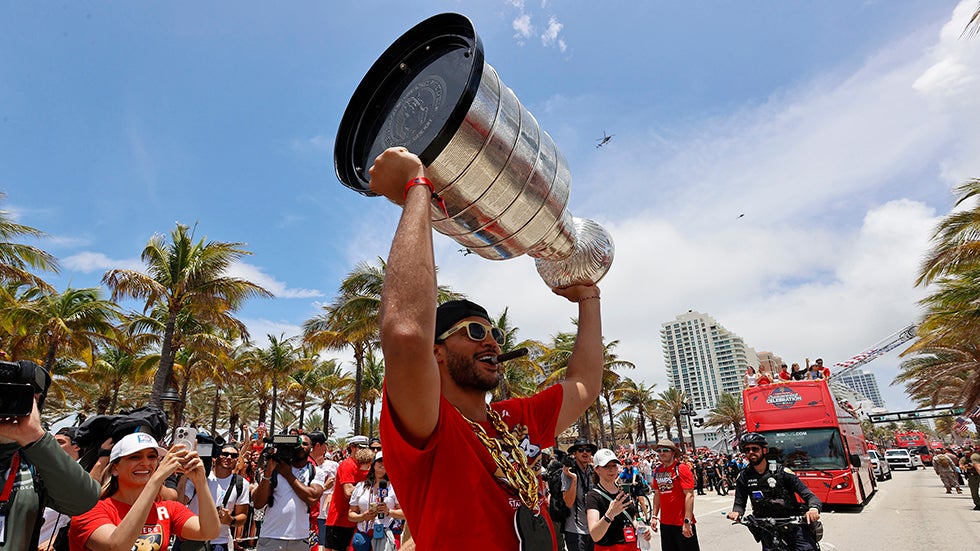 FORT LAUDERDALE, FLORIDA - JUNE 22: Seth Jones #3 of the Florida Panthers celebrates on the street during the Florida Panthers 2025 Stanley Cup Victory Parade and Rally on June 22, 2025 on Fort Lauderdale Beach, Florida. (Photo by Eliot J. Schechter/Getty Images)