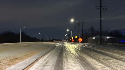 Roads are slick with ice in Denton, Texas, Wednesday, Feb. 1, 2023. Denton Police Department warned drivers to stay off the roads if possible. (Denton Police Department via Twitter)