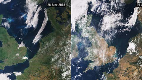 These two satellite images show part of Ireland, the UK, the Netherlands, Belgium, part of Germany and part of France. The one of the left, from June 28, 2018, shows healthy vegetation. The one of the right, captured on July 25, 2018,is mainly brown, showing the loss of vegetation. (ESA)