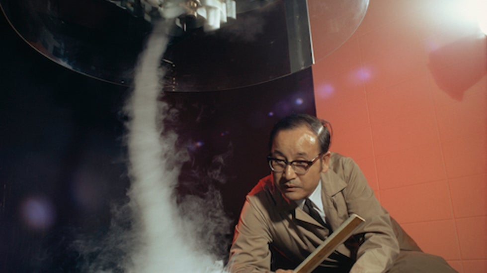 Ted Fujita studies a vortex from a tornado generator in his lab at the University of Chicago
