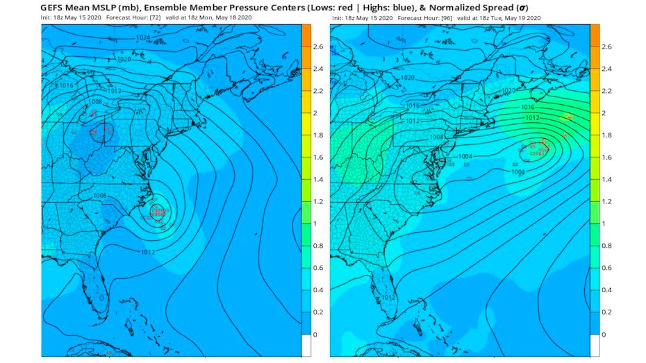 72- and 96-hr ensemble forecasts of 90L from 18Z 5/15/20 run of GEFS