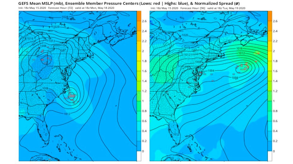 72- and 96-hr ensemble forecasts of 90L from 18Z 5/15/20 run of GEFS
