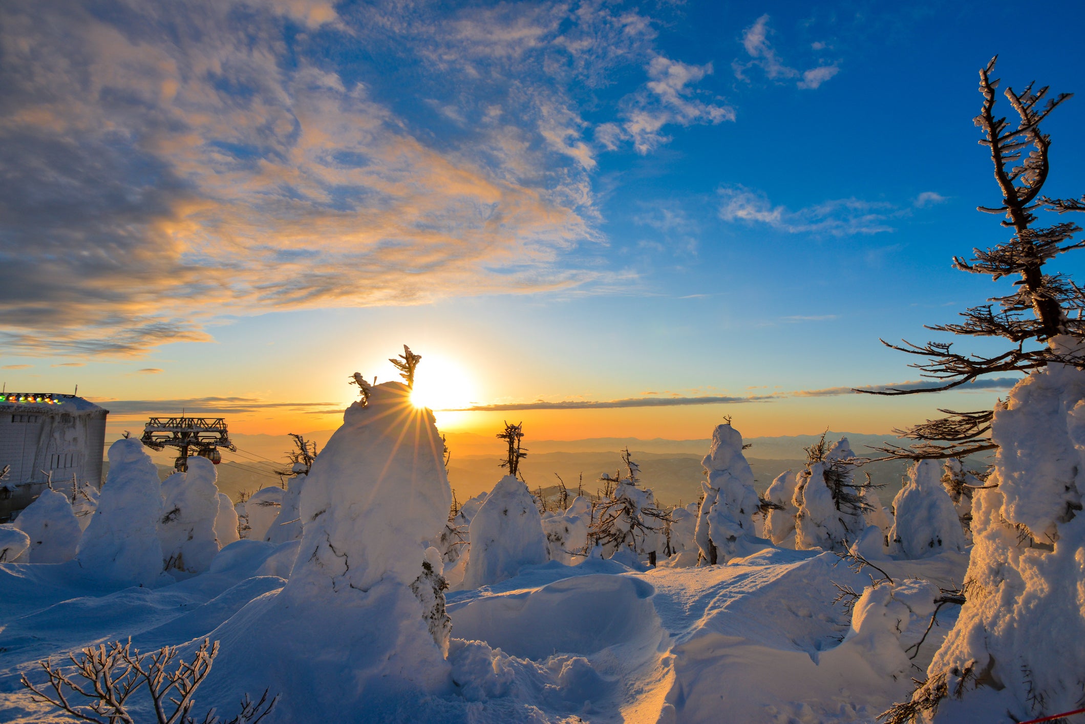 The frost covered trees, called "Snow monsters in Zao Onsen, view from the top station of the ropeway