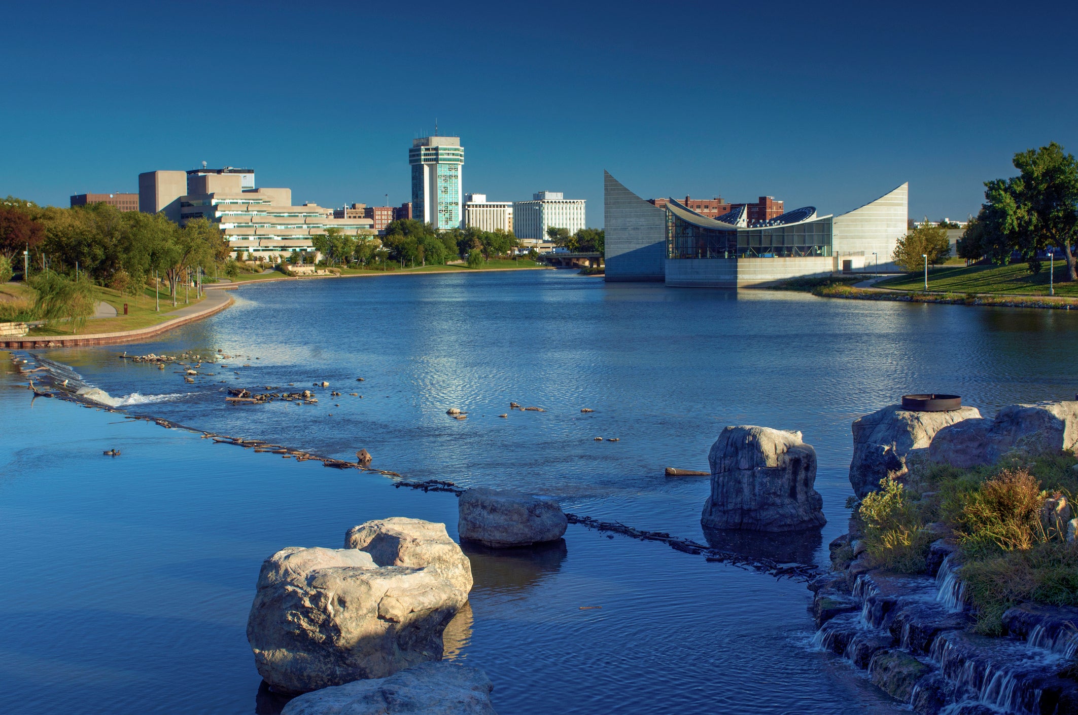 The city of Wichita, Kansas lies on the banks of the Arkansas River and is the largest city in the state of Kansas.