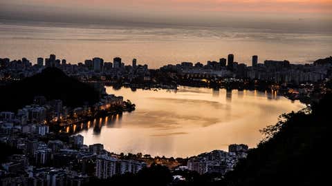 The heart-shaped Rodrigo de Freitas lagoon is photographed at dusk in Rio de Janeiro, Brazil, in November 2019. (Ze Martinusso/Getty Images)