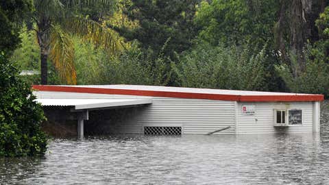 A general view shows a flooded residential area near Windsor on March 22, 2021, as torrential downpours lashed Australia's east forcing thousands to flee the worst flooding in decades. (Saeed Khan/AFP via Getty Images)