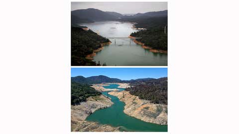 In this composite image a comparison has been made between an aerial view of California when the state's severe drought emergency was lifted in 2017 (top) and a week after California Gov. Gavin Newsom declared a drought emergency in two counties in 2021 (bottom). **TOP IMAGE** OROVILLE, CA - APRIL 11: The Enterprise Bridge passes over a section of Lake Oroville on April 11, 2017 in Oroville, Calif. After record rainfall and snow in the mountains, much of California's landscape has turned from brown to green and reservoirs across the state are near capacity. California Gov. Jerry Brown signed an executive order Friday to lift the State's drought emergency in all but four counties. The drought emergency had been in place since 2014. **BOTTOM IMAGE** The Enterprise Bridge crosses over a section of Lake Oroville where water levels are low on April 27, 2021, in Oroville, Calif. Four years after then California Gov. Jerry Brown signed an executive order to lift the California's drought emergency, parts of the state have re-entered a drought emergency with water levels dropping in the state's reservoirs. Water levels at Lake Oroville have dropped to 42% of its 3,537,577 acre foot capacity. (Justin Sullivan/Getty Images)