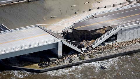 SANIBEL, FLORIDA - SEPTEMBER 29: In this aerial view, the Sanibel Causeway bridge collapsed in places after Hurricane Ian passed through the area on September 29, 2022 in Sanibel, Florida. The hurricane brought high winds, storm surge and rain to the area causing severe damage. (Photo by Joe Raedle/Getty Images)