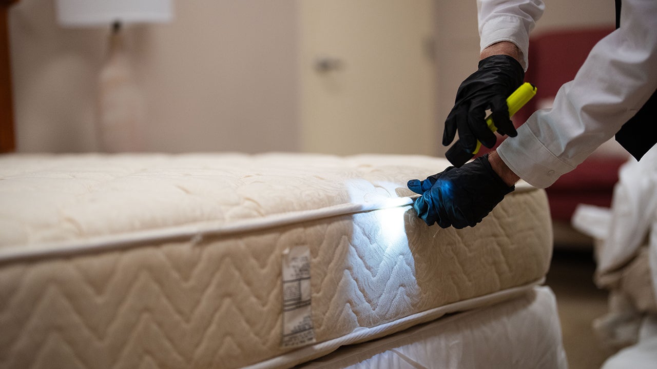 Ben Hottel, a technical services manager with Orkin shows how he would inspect a hotel room for bed bugs at a mock hotel room at the Orkin Training Center in Atlanta on Wednesday, July 19, 2023. (Kevin D. Liles for The Washington Post via Getty Images)