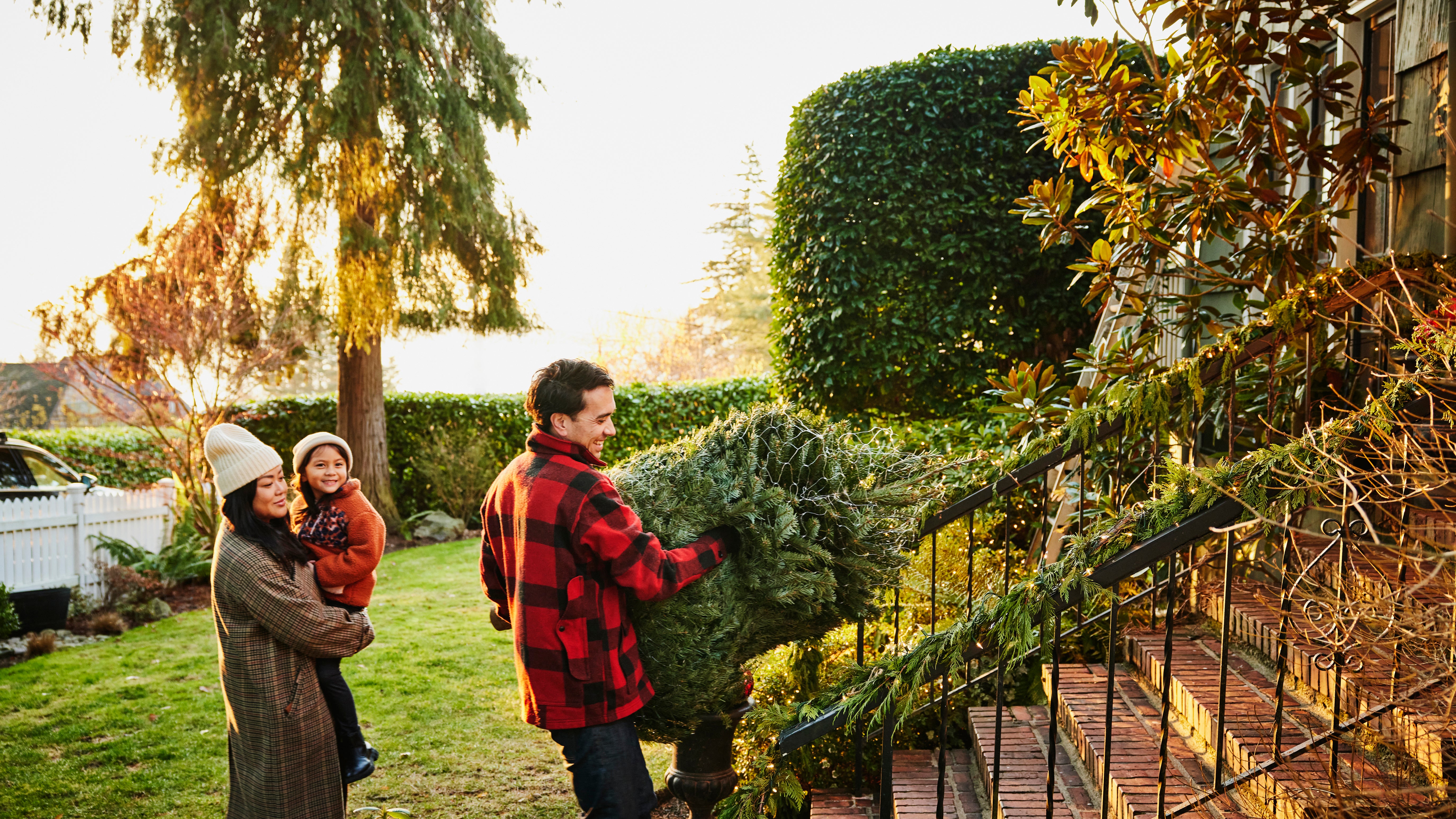 Wide shot of smiling father carrying Christmas tree up front stairs of home with family on winter afternoon