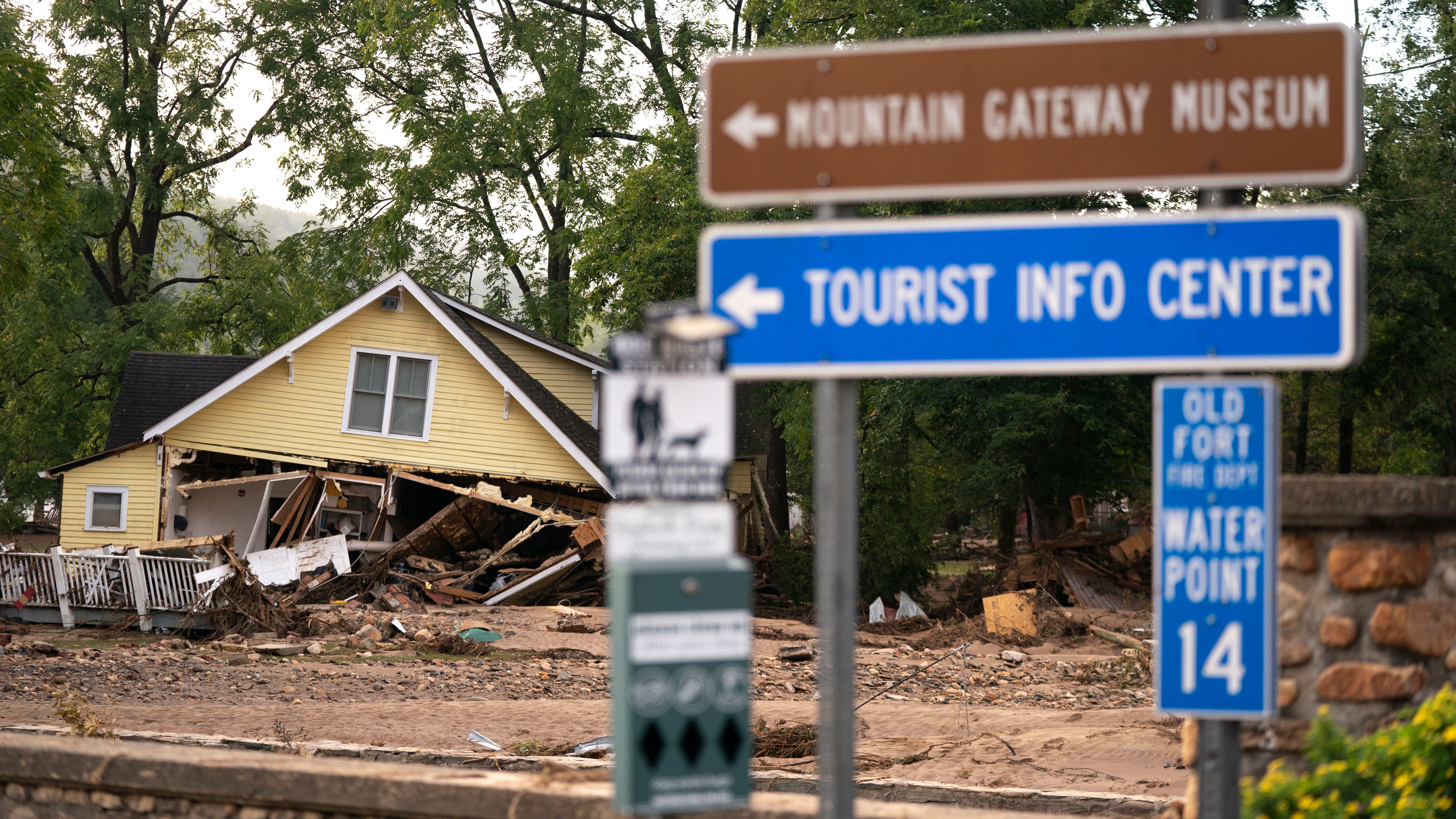 A storm damaged house sits in ruins near a sign for the Mountain Gateway Museum in the aftermath of Hurricane Helene on Sept. 30, 2024, in Old Fort, N.C. (Sean Rayford/Getty Images)