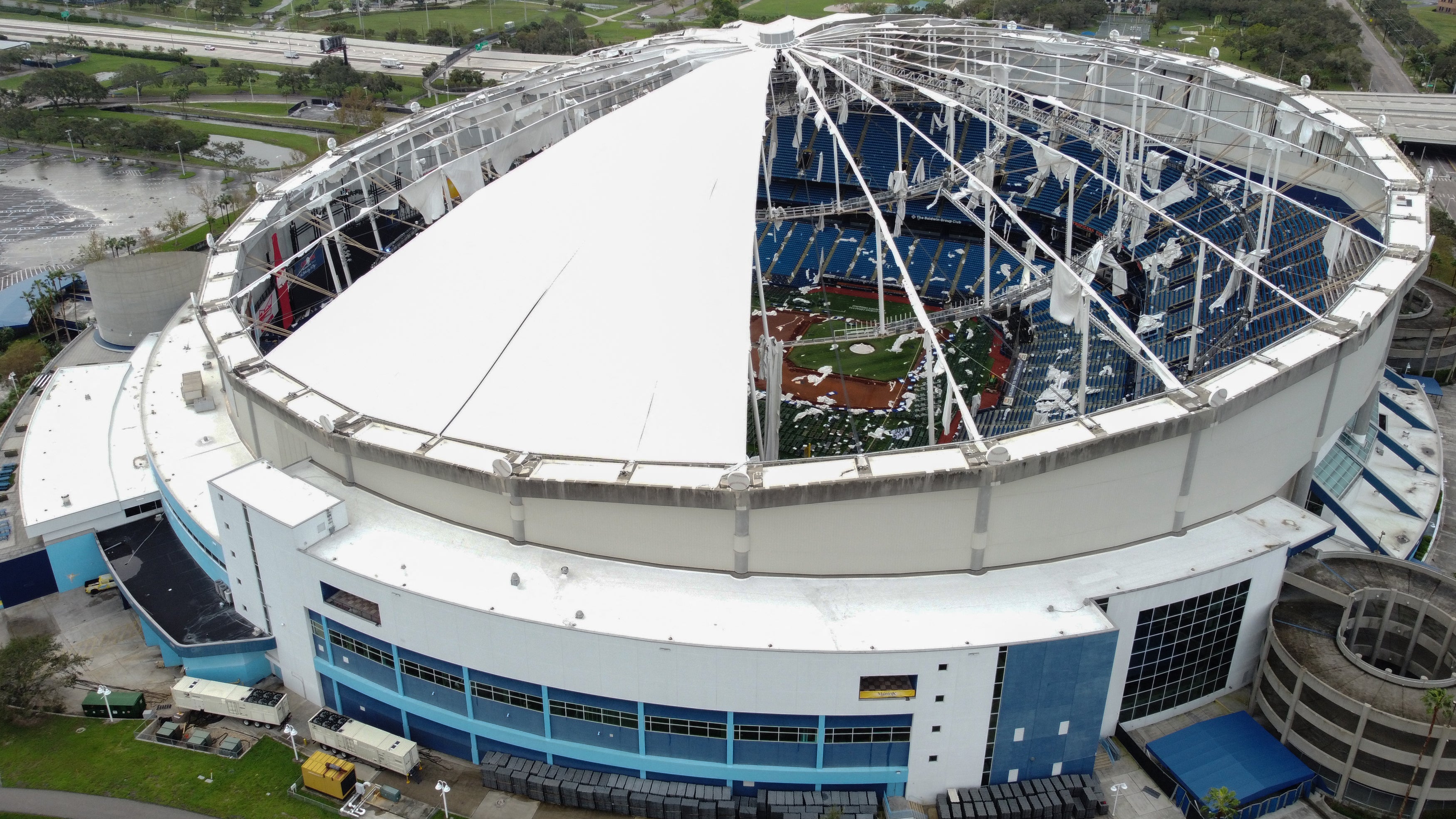 A drone image shows the dome of Tropicana Field which was torn open due to Hurricane Milton in St. Petersburg, Florida, on Oct. 10, 2024. (Bryan R. Smith/AFP via Getty Images)