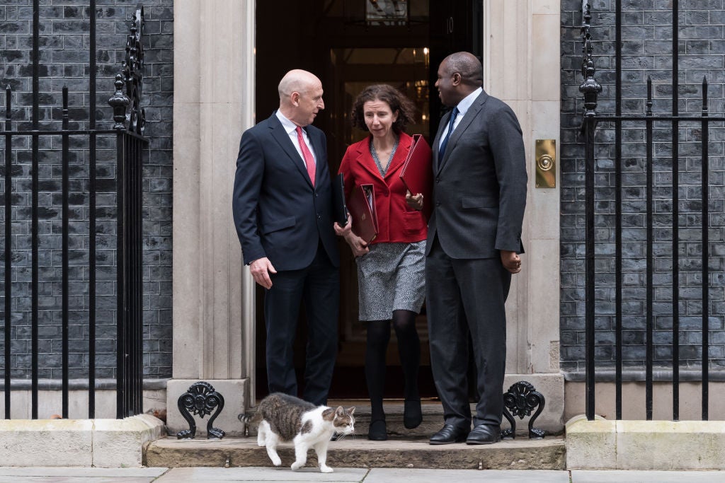 LONDON, UNITED KINGDOM  FEBRUARY 25, 2025: Larry the cat walks past as Secretary of State for Defence John Healey (L), Minister of State in the Foreign, Commonwealth and Development Office, and Minister of State (Minister for Women and Equalities) in the Department for Education Anneliese Dodds (C) and Secretary of State for Foreign, Commonwealth and Development Affairs David Lammy (R) leave 10 Downing Street after attending the weekly Cabinet meeting in London, United Kingdom on February 25, 2025. (Photo credit should read Wiktor Szymanowicz/Future Publishing via Getty Images)