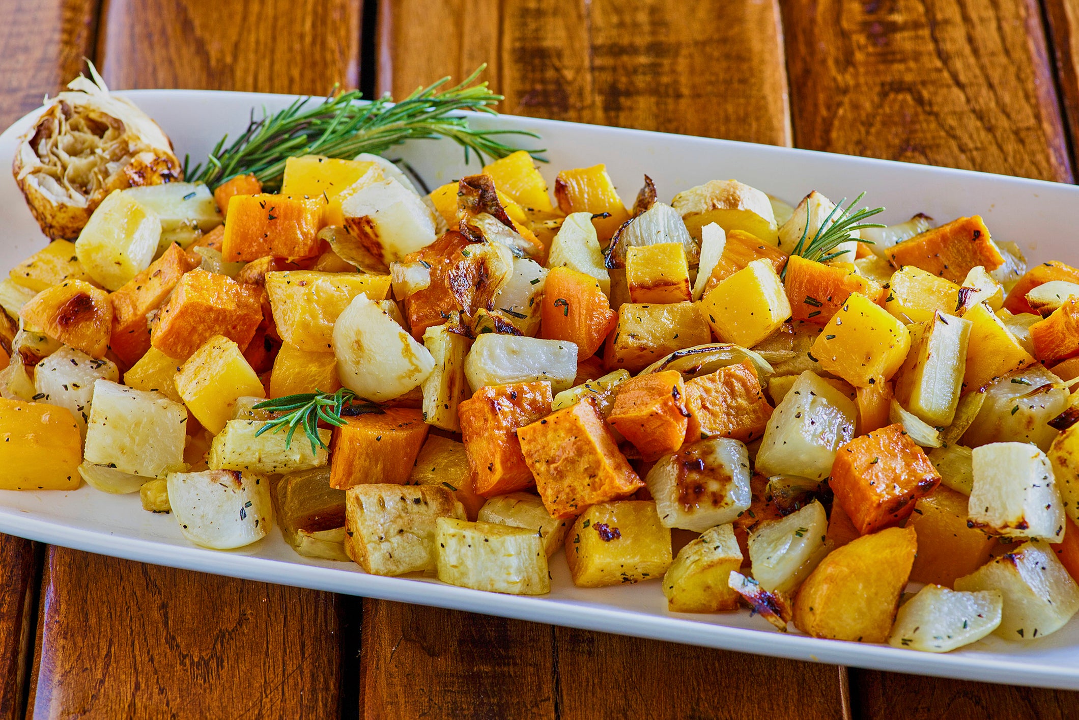 roasted carrots, butternut squash, parsnips, potatoes and onion topped with garlic and fresh rosemary