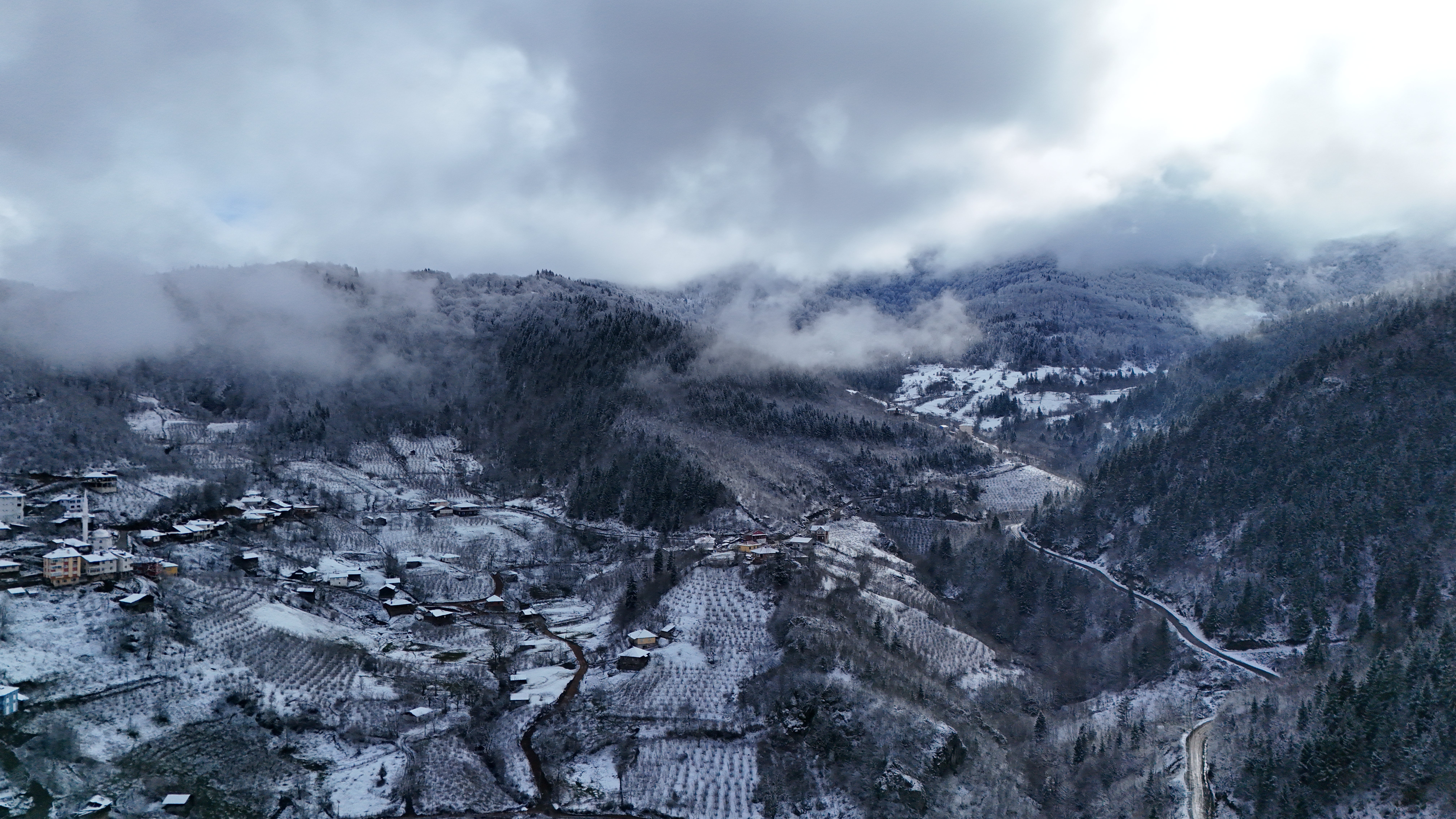 ORDU, TURKIYE - FEBRUARY 5: An aerial view of the Keyfalan Plateau covered in white and shrouded in fog following snowfall at an altitude of 1,200 meters in the Mesudiye district of Ordu, Turkiye, on February 5, 2026. (Photo by Hayati Akcay/Anadolu via Getty Images)