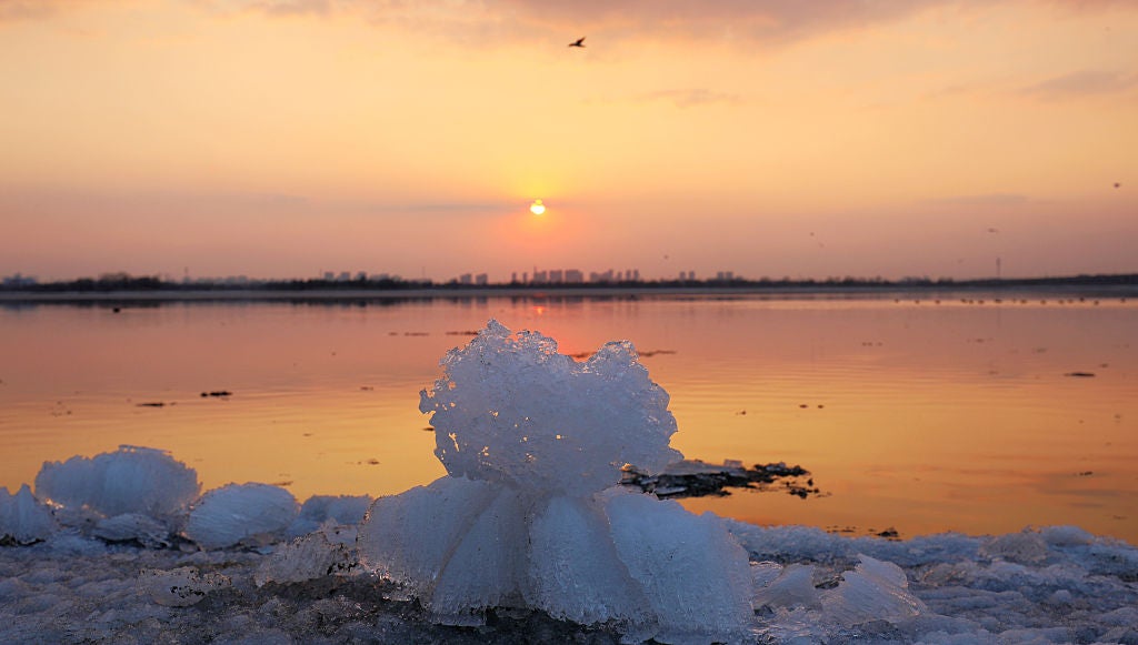 HARBIN, CHINA - MARCH 30: Ice chunks float on Songhua River as temperatures rise on March 30, 2026 in Harbin, Heilongjiang Province of China. (Photo by VCG/VCG via Getty Images)