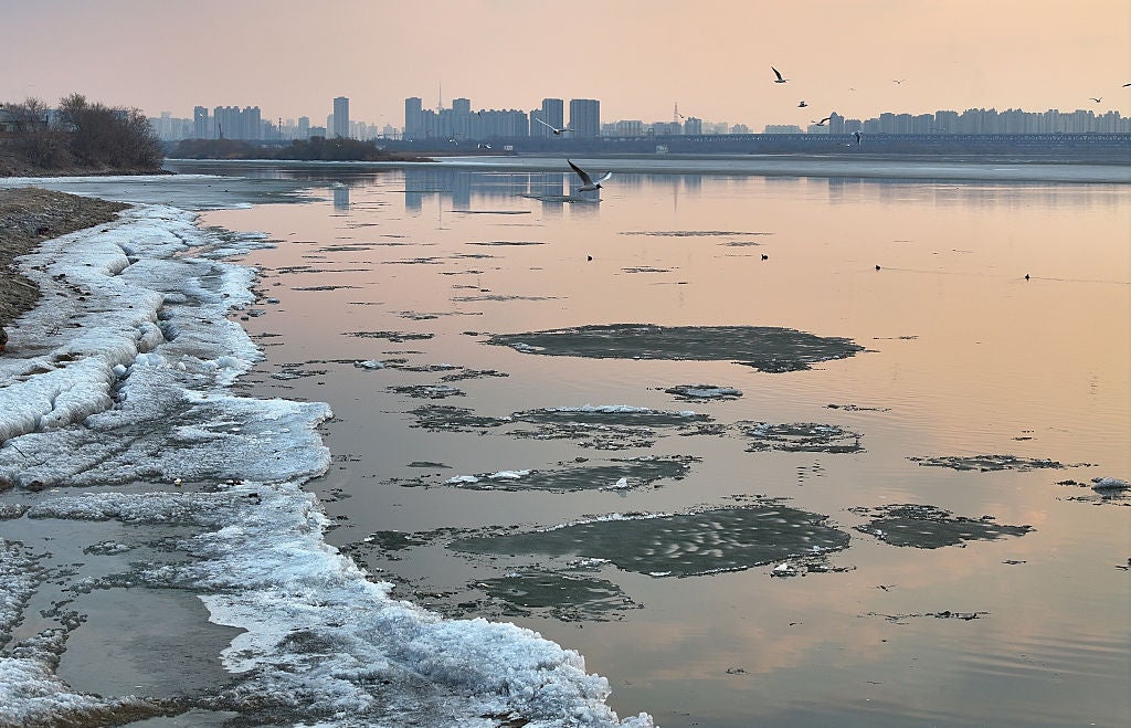 HARBIN, CHINA - MARCH 30: Ice chunks float on Songhua River as temperatures rise on March 30, 2026 in Harbin, Heilongjiang Province of China. (Photo by VCG/VCG via Getty Images)