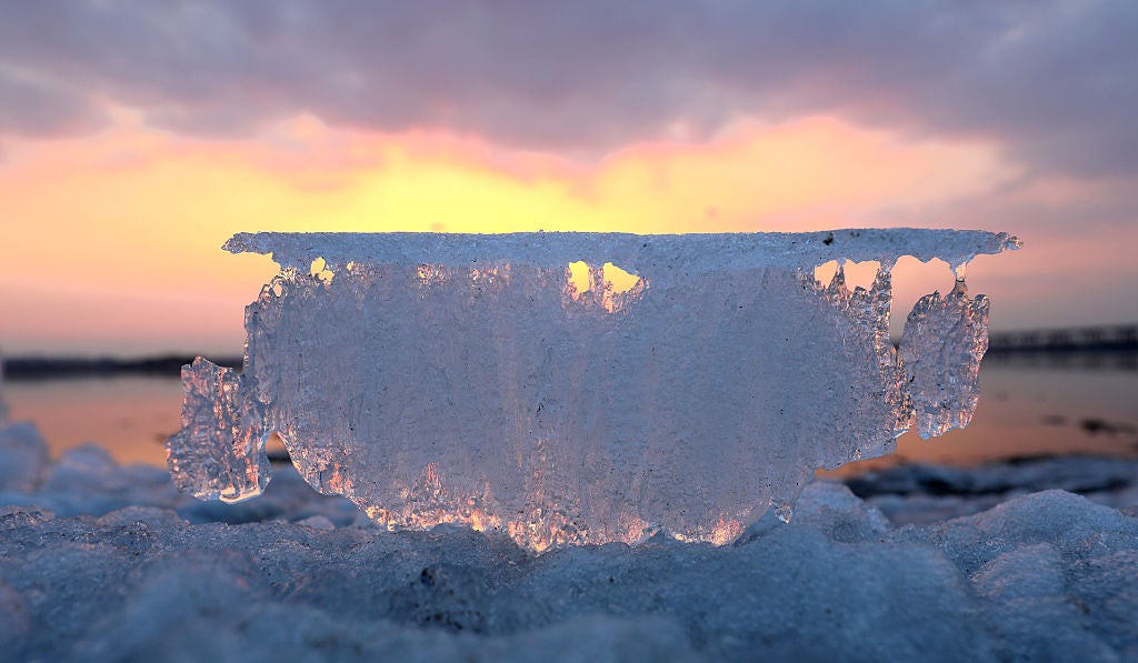 HARBIN, CHINA - MARCH 30: Ice chunks float on Songhua River as temperatures rise on March 30, 2026 in Harbin, Heilongjiang Province of China. (Photo by VCG/VCG via Getty Images)