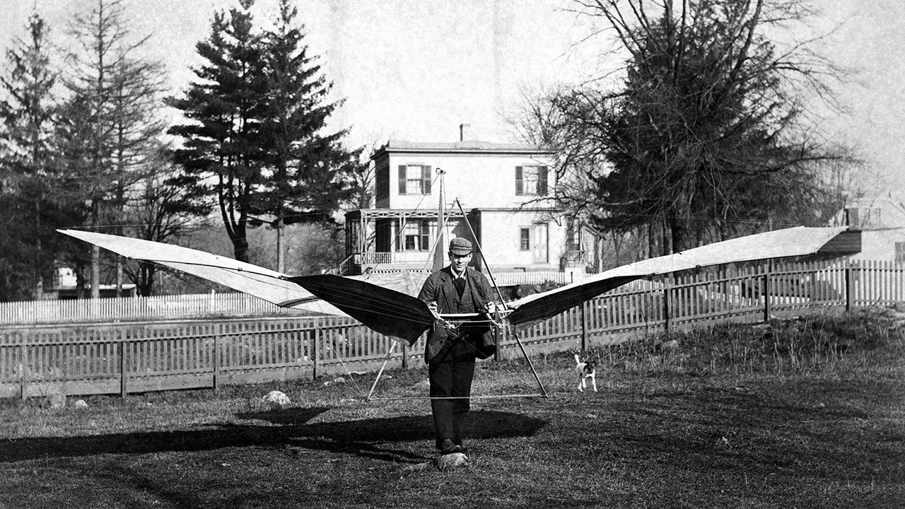 Augustus Moore Herring is seen above with his glider prototype in the 1894. This design was patented by Otto Lilienthal. (Bettmann Archive via Getty Images)