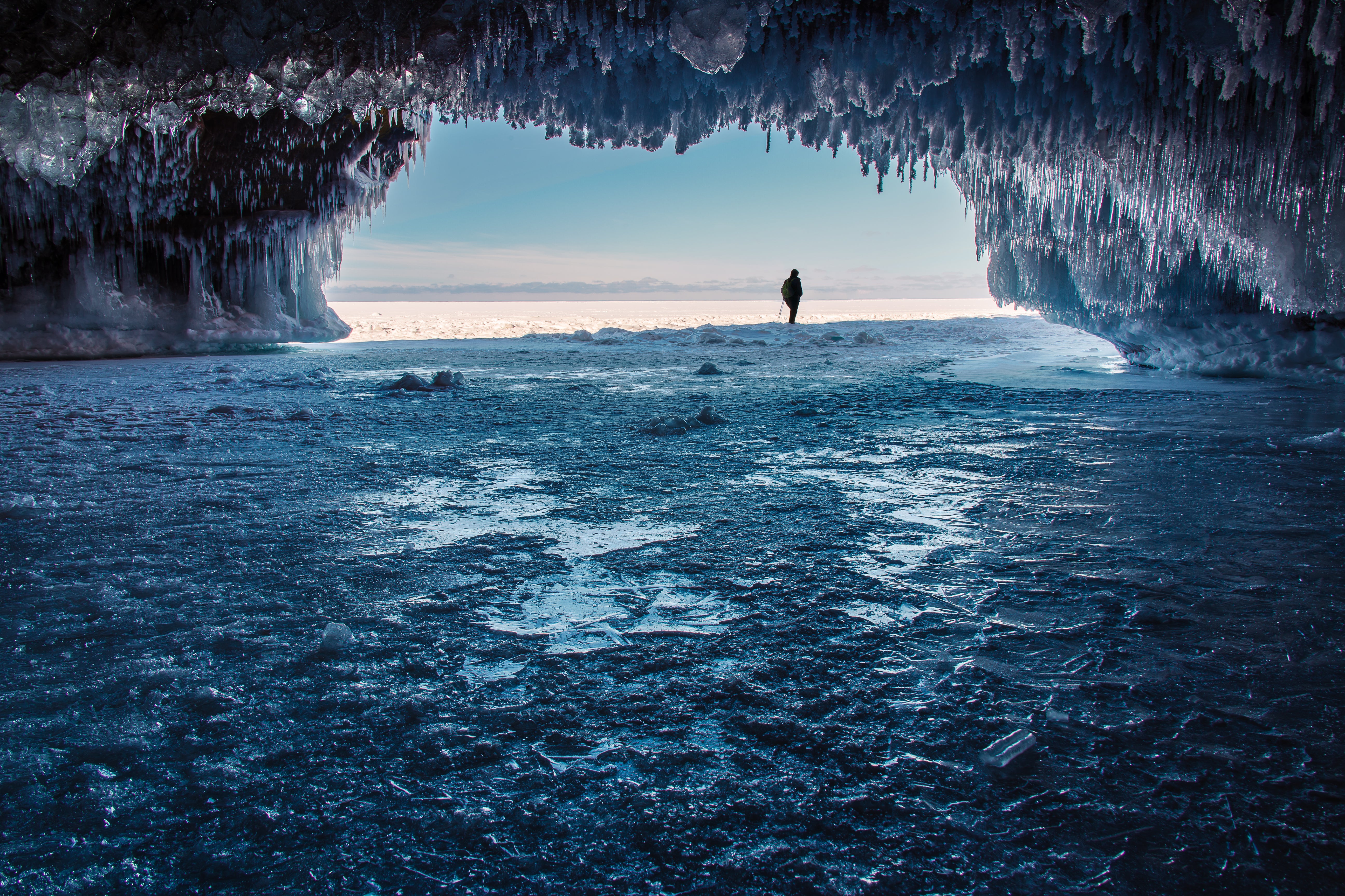 Ice forms on the ceiling of an ice cave on the Apostle Islands in Wisconsin. (Matthew Crowley Photography via Getty Images)