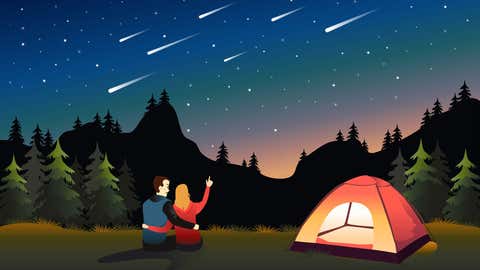 A vector illustration of Couple Watching Meteor Shower While Camping