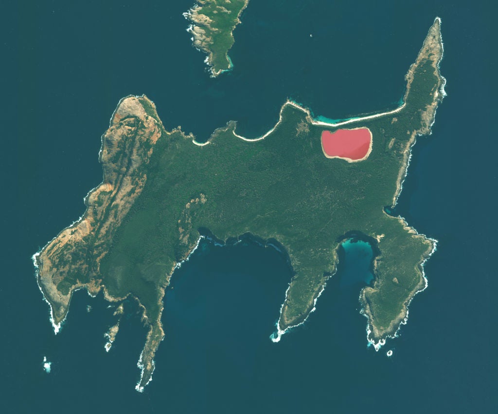 LAKE HILLIER, MIDDLE ISLAND, AUSTRALIA, MAY 21, 2017: A DigitalGlobe via Getty Images satellite image of Lake Hillier -- a saline lake off the south coast of western Australia located on Middle Island. (Photo DigitalGlobe via Getty Images via Getty Images)