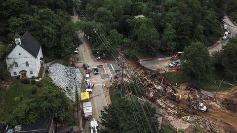 Aerial scenes above flood-damaged Ellicott Mills Drive on May 29, 2018 in Ellicott City, Maryland. (Ricky Carioti/The Washington Post via Getty Images)