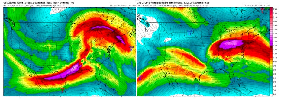 Comparison of 250-mb pattern at 0Z 4/13/20 with forecast for 0Z 4/20/20