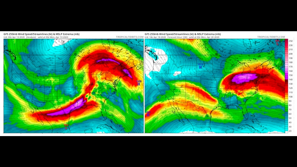 Comparison of 250-mb pattern at 0Z 4/13/20 with forecast for 0Z 4/20/20