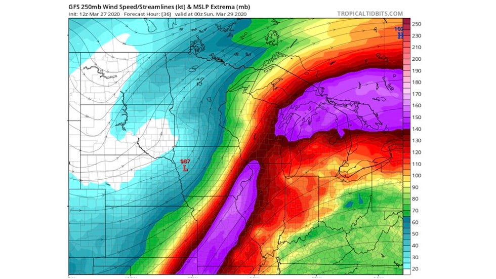 36-hr GFS forecast at 250 mb issued 12Z 3/27/20