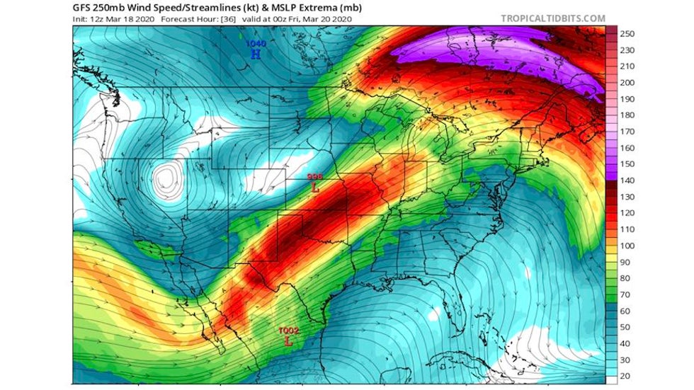 36-hr GFS forecast at 250 mb issued 12Z 3/18/20