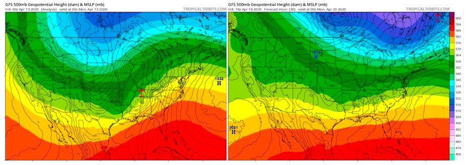 Comparison of 500-mb pattern at 0Z 4/13/20 with forecast for 0Z 4/20/20