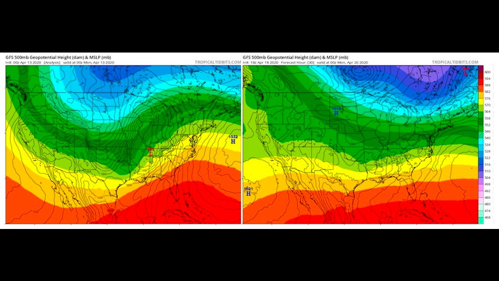 Comparison of 500-mb pattern at 0Z 4/13/20 with forecast for 0Z 4/20/20