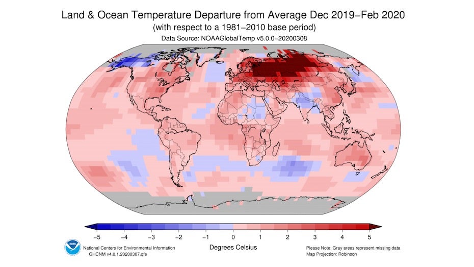 Global temperature departures from average, 12/19-2/20