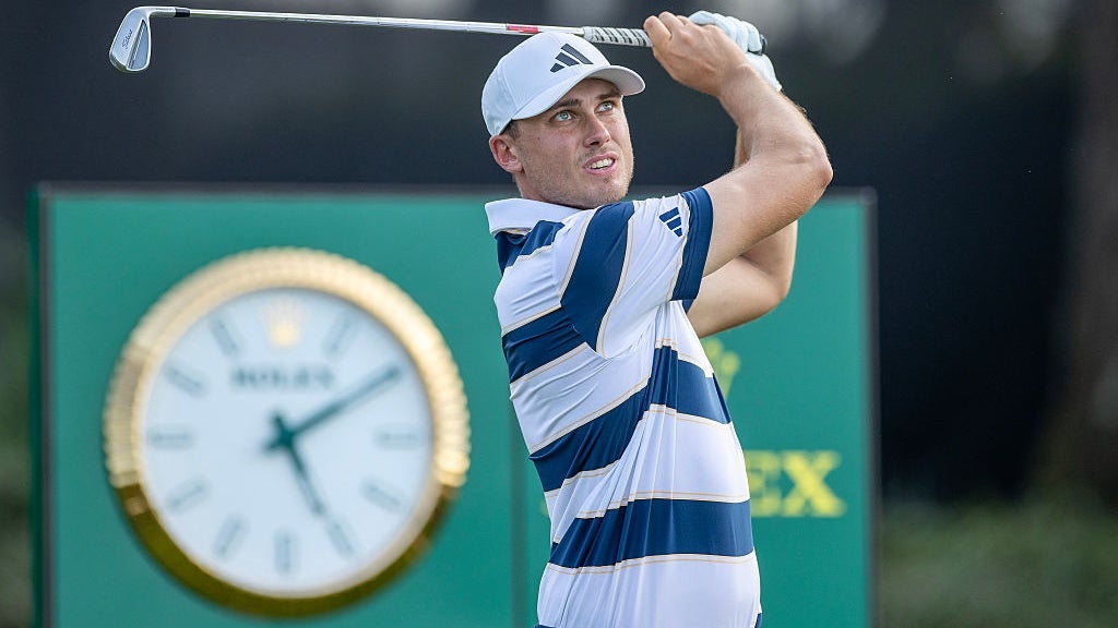 Ludvig &Aring;berg tees off on 17th hole during the final round of the Arnold Palmer Invitational presented by Mastercard 2026 at Arnold Palmer Bay Hill Golf Course on March 8, 2026 in Orlando, Florida. (Photo by Michael Pimentel/ISI Photos/ISI Photos via Getty Images)