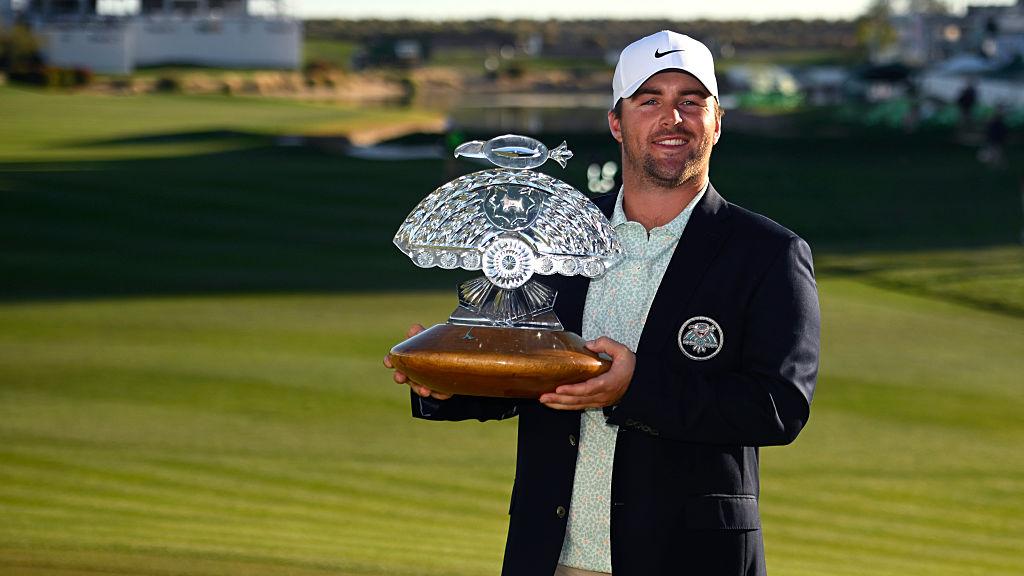 Chris Gotterup of the United States poses with the winner's trophy after winning the WM Phoenix Open 2026 at TPC Scottsdale on February 08, 2026 in Scottsdale, Arizona. (Photo by Alex Goodlett/Getty Images)