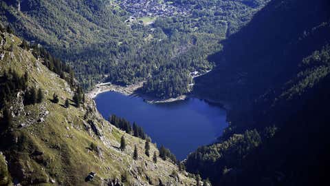 A general view shows the heart-shaped lake of Antrona, nothern Italy, on September 22, 2014, near Antrona Piana. (Oliver Morin/AFP/Getty Images)
