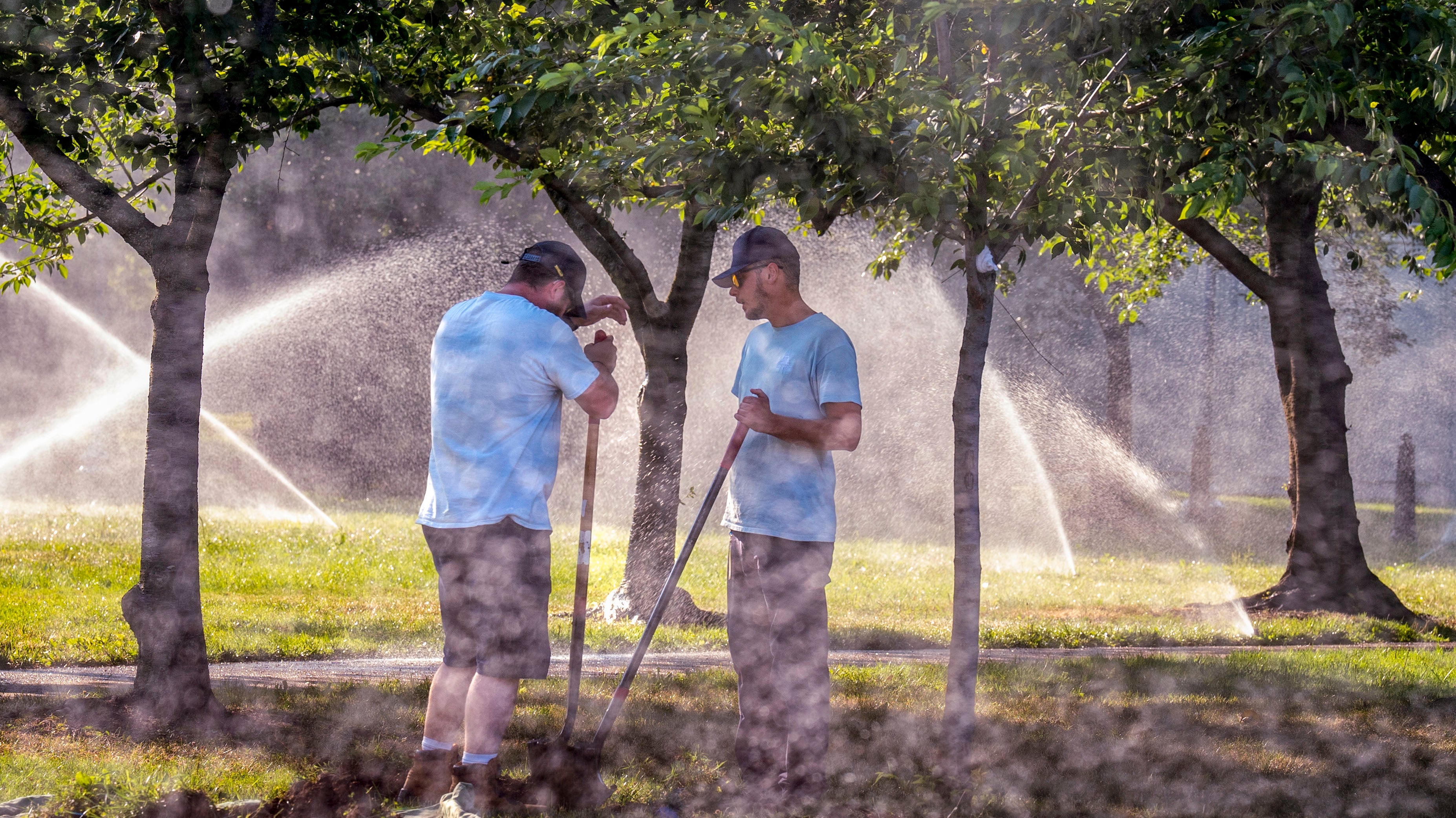Workmen with the Architect of the Capitol office, perform maintenance on the irrigation system in a park near the Senate, at the Capitol in Washington, Tuesday, June 18, 2024. Extreme heat is expected to break records for tens of millions of people in the United States this week. (AP Photo/J. Scott Applewhite)