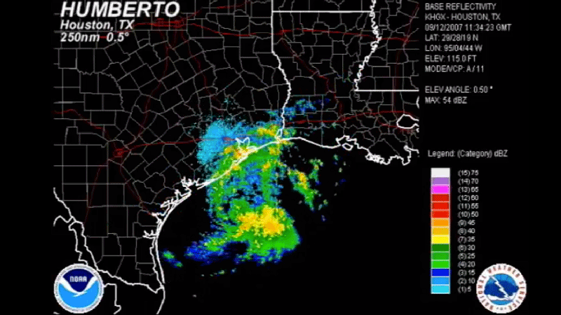 Radar showing the rapid development of Humberto from a tropical depression into a landfalling hurricane with a well-defined circulation center in less than a day.