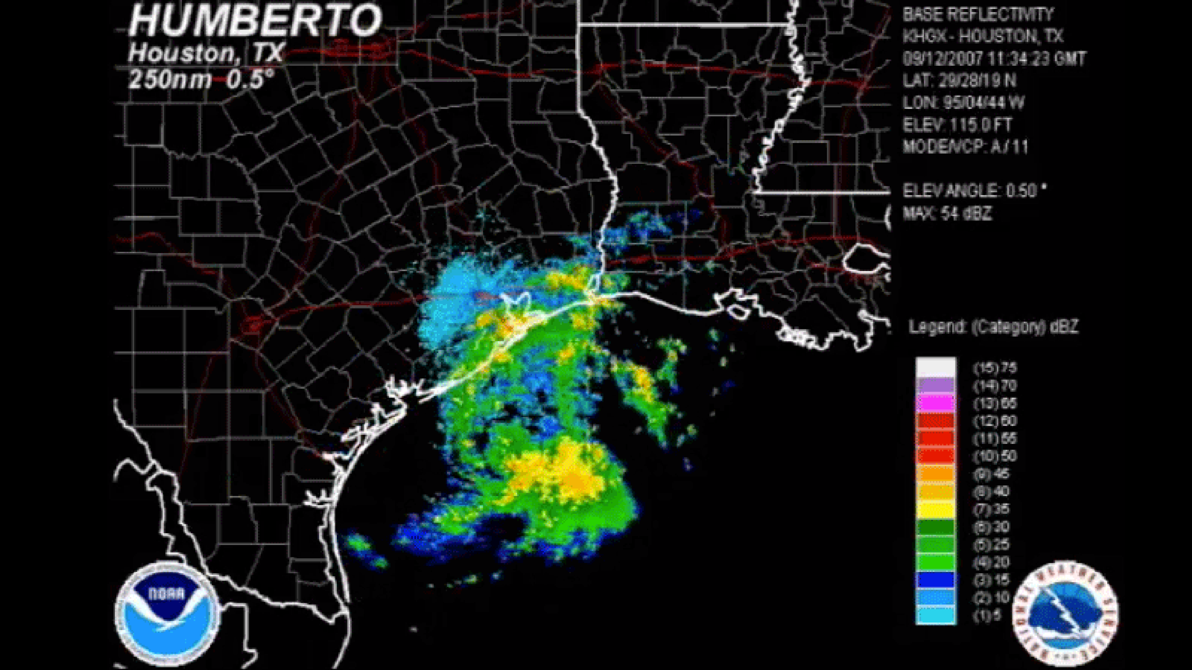 Radar showing the rapid development of Humberto from a tropical depression into a landfalling hurricane with a well-defined circulation center in less than a day.