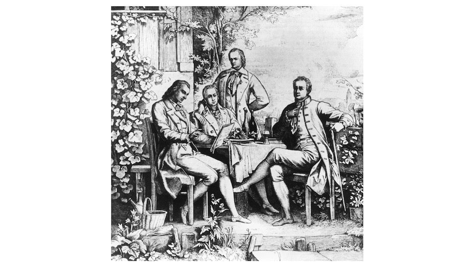 A 1797 drawing by Ludwig Adrian Richter of a meeting in Jena, Prussia (now Germany) among Friedrich Schiller, Wilhelm von Humboldt, Alexander von Humboldt, and Johann Wolfgang Goethe