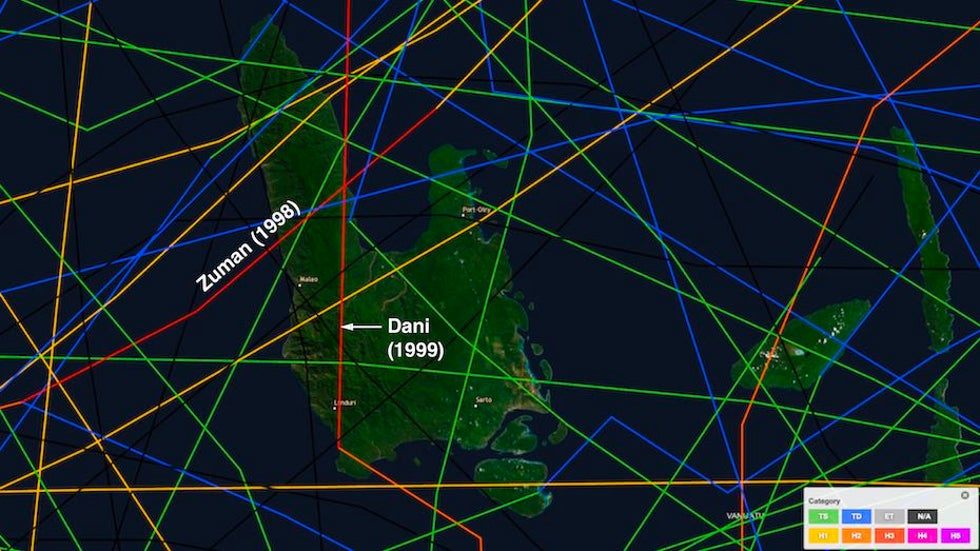 Tracks of all tropical cyclones on record across Espiritu Santo, Vanuatu